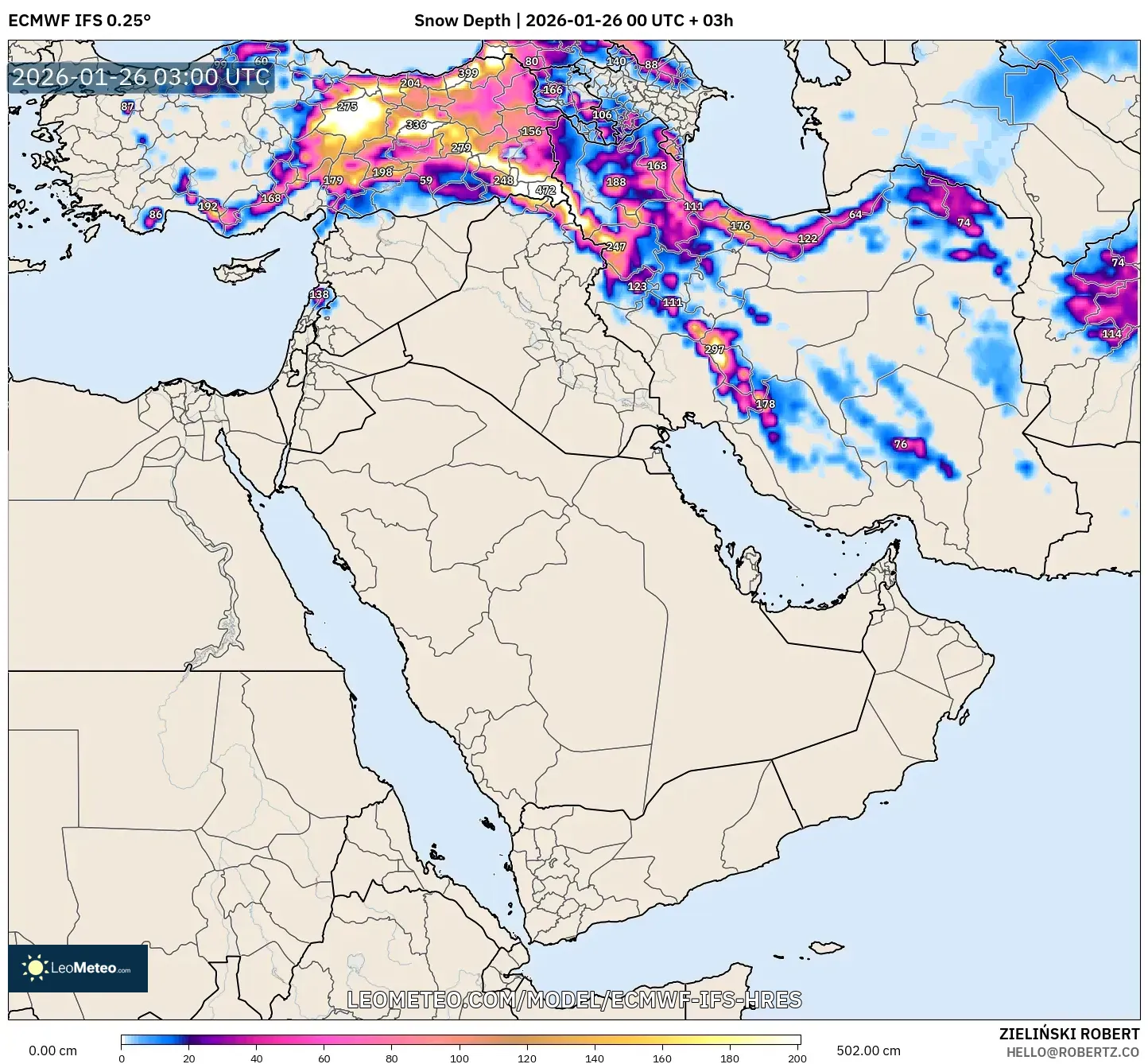 ECMWF IFS 0.25° model - Orta Doğu, Kar Kalınlığı