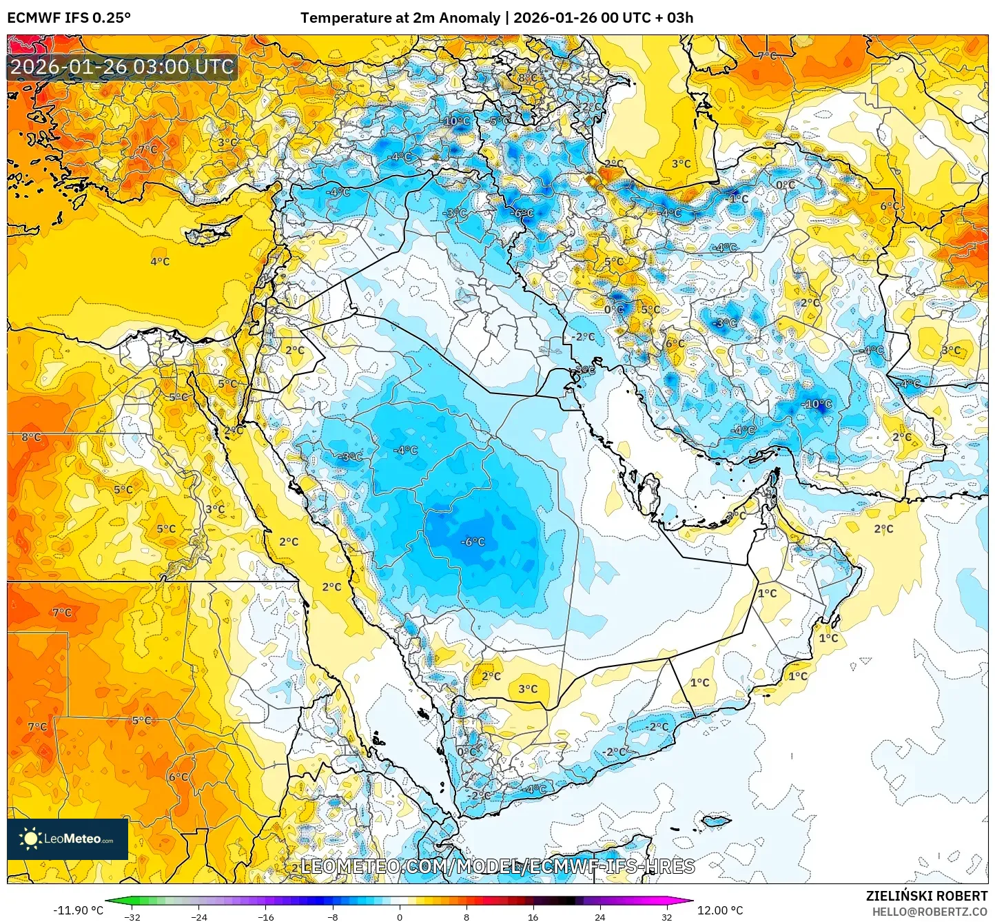 ECMWF IFS 0.25° model - Orta Doğu, 2 m Sıcaklık Anomalisi