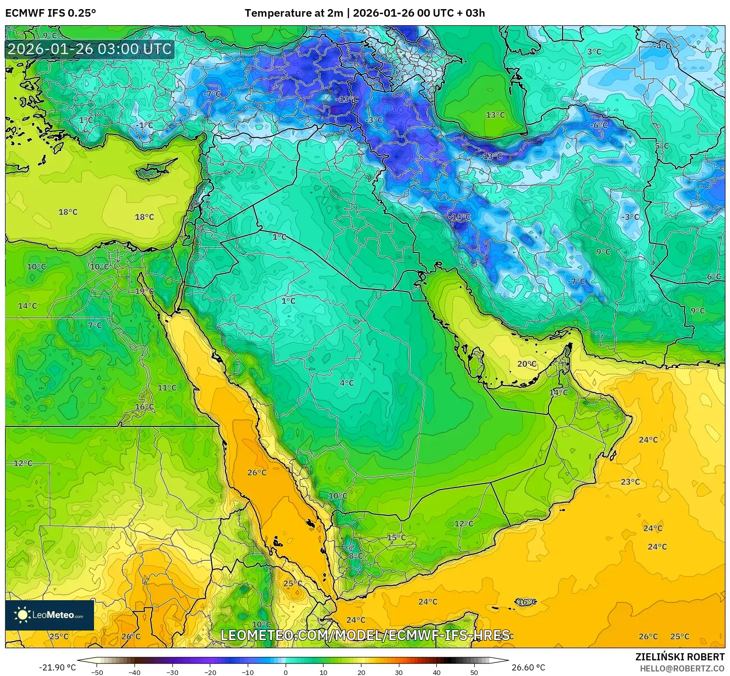 ECMWF IFS 0.25° model - Orta Doğu, 2 m Sıcaklık