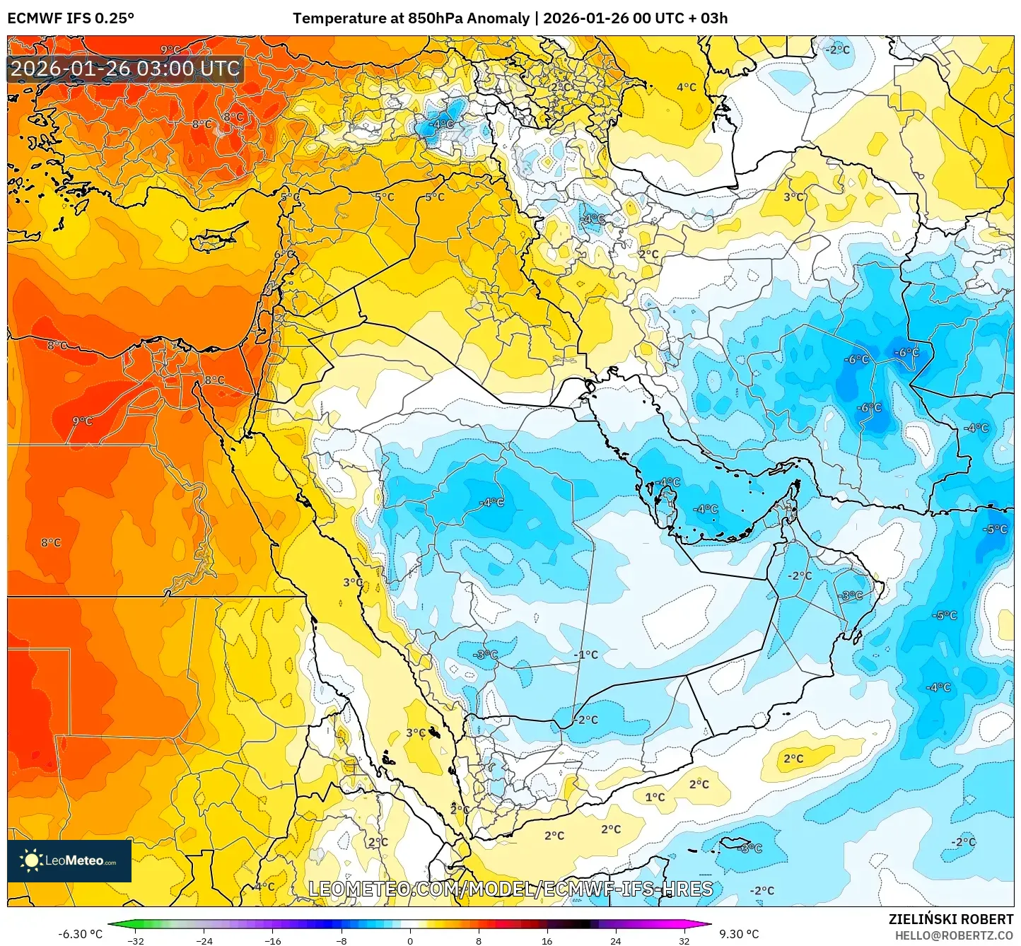 ECMWF IFS 0.25° model - Orta Doğu, 850 hPa Sıcaklık Anomalisi