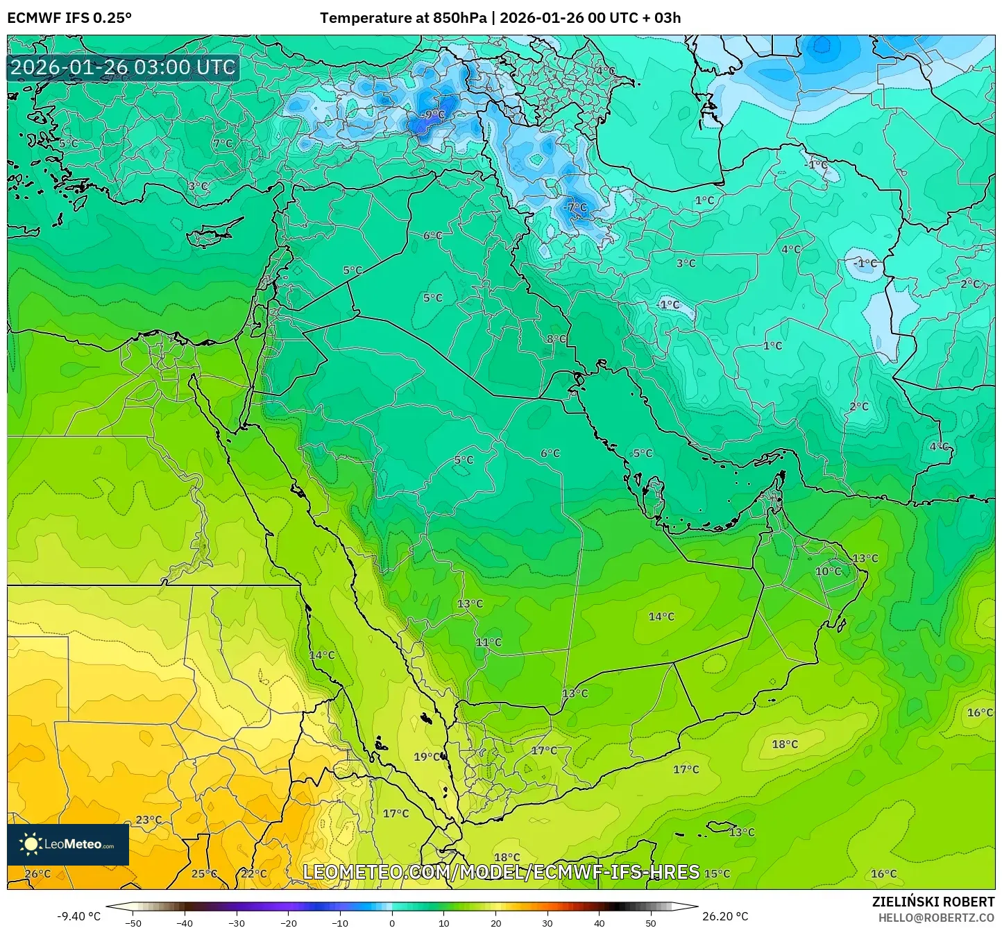 ECMWF IFS 0.25° model - Orta Doğu, 850 hPa Sıcaklık