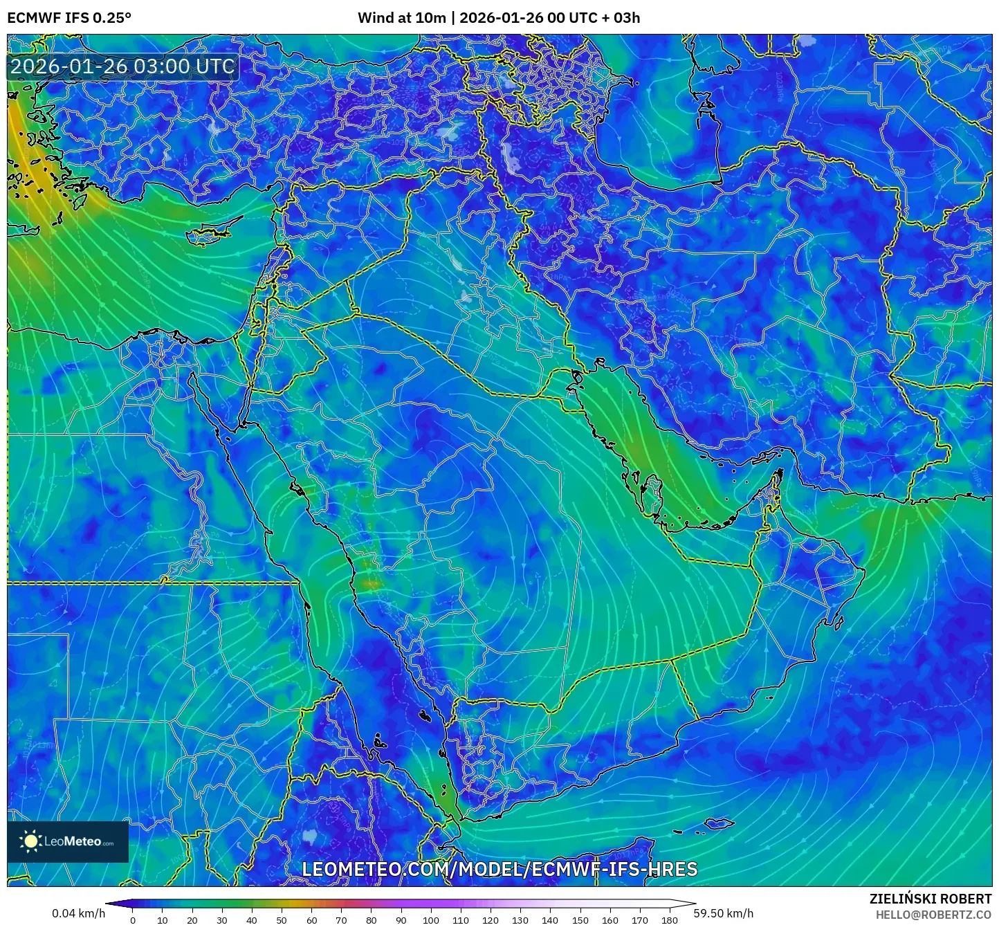 ECMWF IFS 0.25° model - Orta Doğu, 10 m Rüzgâr