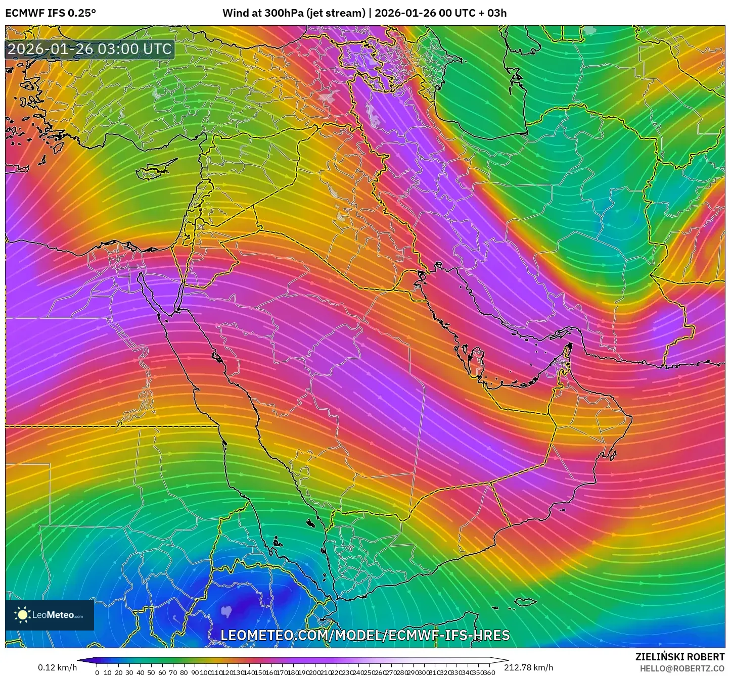 ECMWF IFS 0.25° model - Orta Doğu, 300 hPa Rüzgârı (jet)