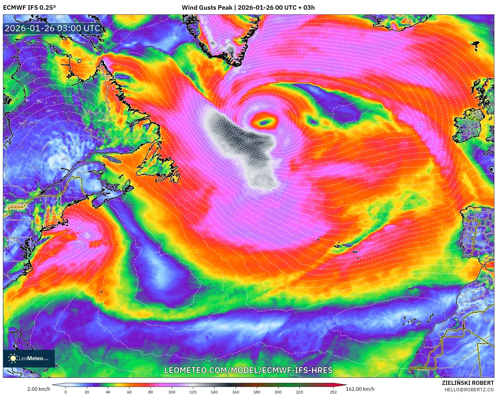 ECMWF IFS 0.25° model - Kuzey Atlantik, En Yüksek Rüzgâr