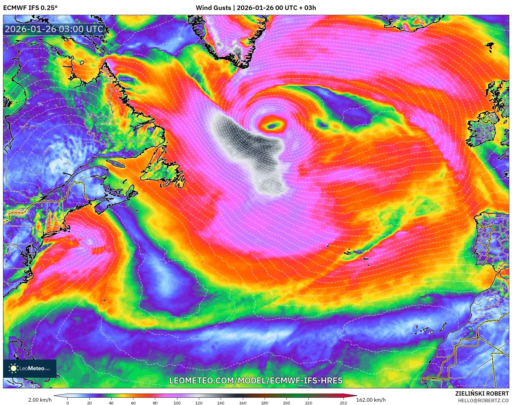 ECMWF IFS 0.25° model - Kuzey Atlantik, Rüzgâr Esintileri