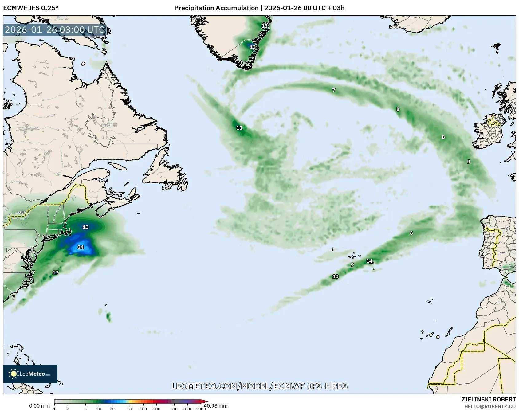 ECMWF IFS 0.25° model - Kuzey Atlantik, Yağış Birikimi