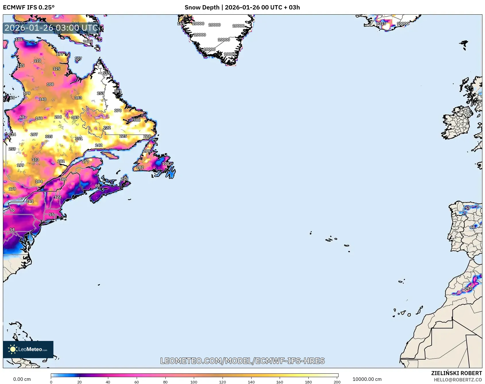 ECMWF IFS 0.25° model - Kuzey Atlantik, Kar Kalınlığı