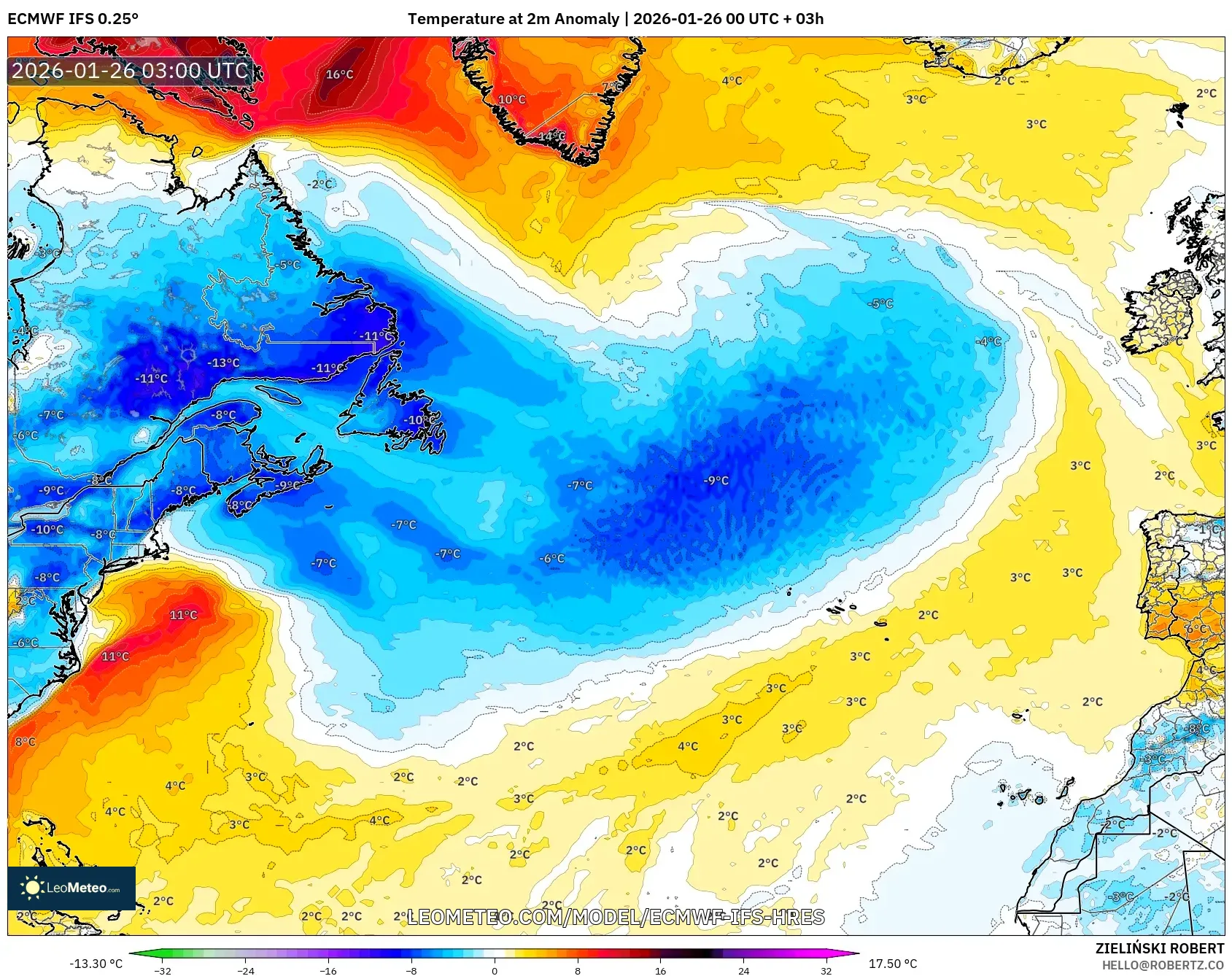 ECMWF IFS 0.25° model - Kuzey Atlantik, 2 m Sıcaklık Anomalisi