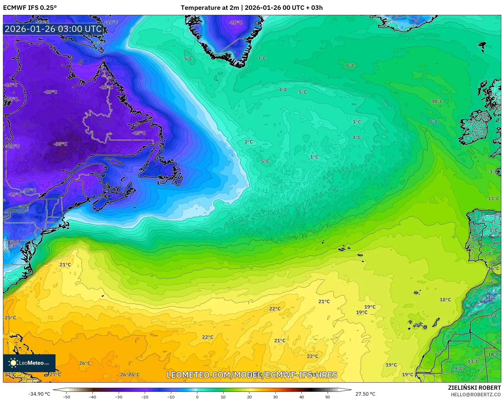 ECMWF IFS 0.25° model - Kuzey Atlantik, 2 m Sıcaklık