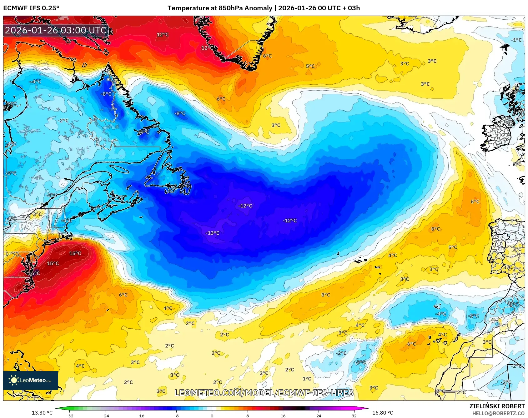 ECMWF IFS 0.25° model - Kuzey Atlantik, 850 hPa Sıcaklık Anomalisi