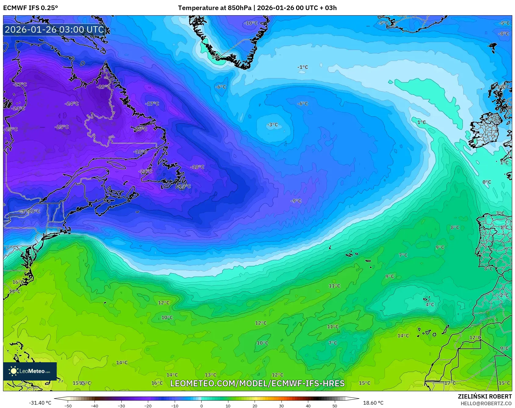 ECMWF IFS 0.25° model - Kuzey Atlantik, 850 hPa Sıcaklık