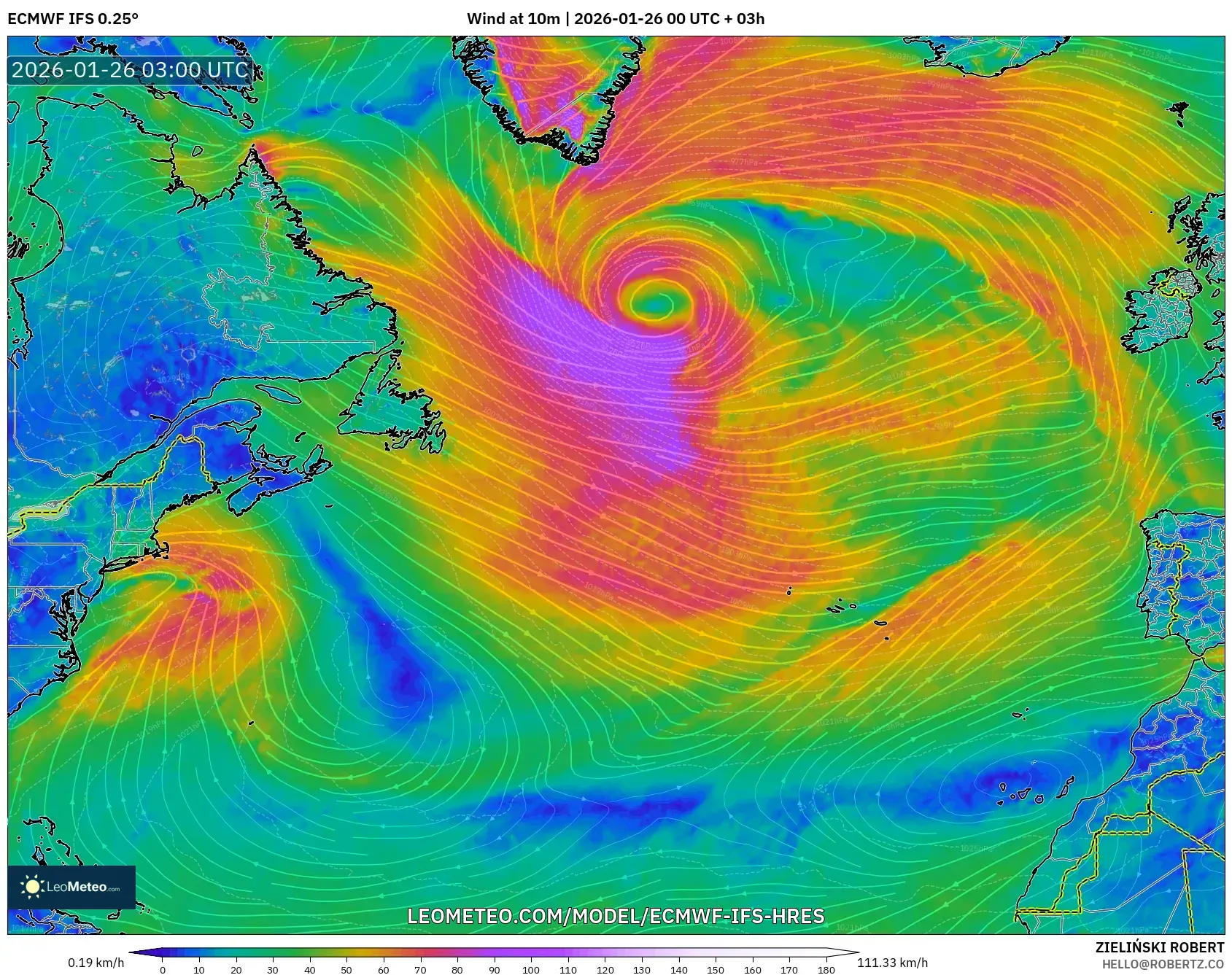 ECMWF IFS 0.25° model - Kuzey Atlantik, 10 m Rüzgâr