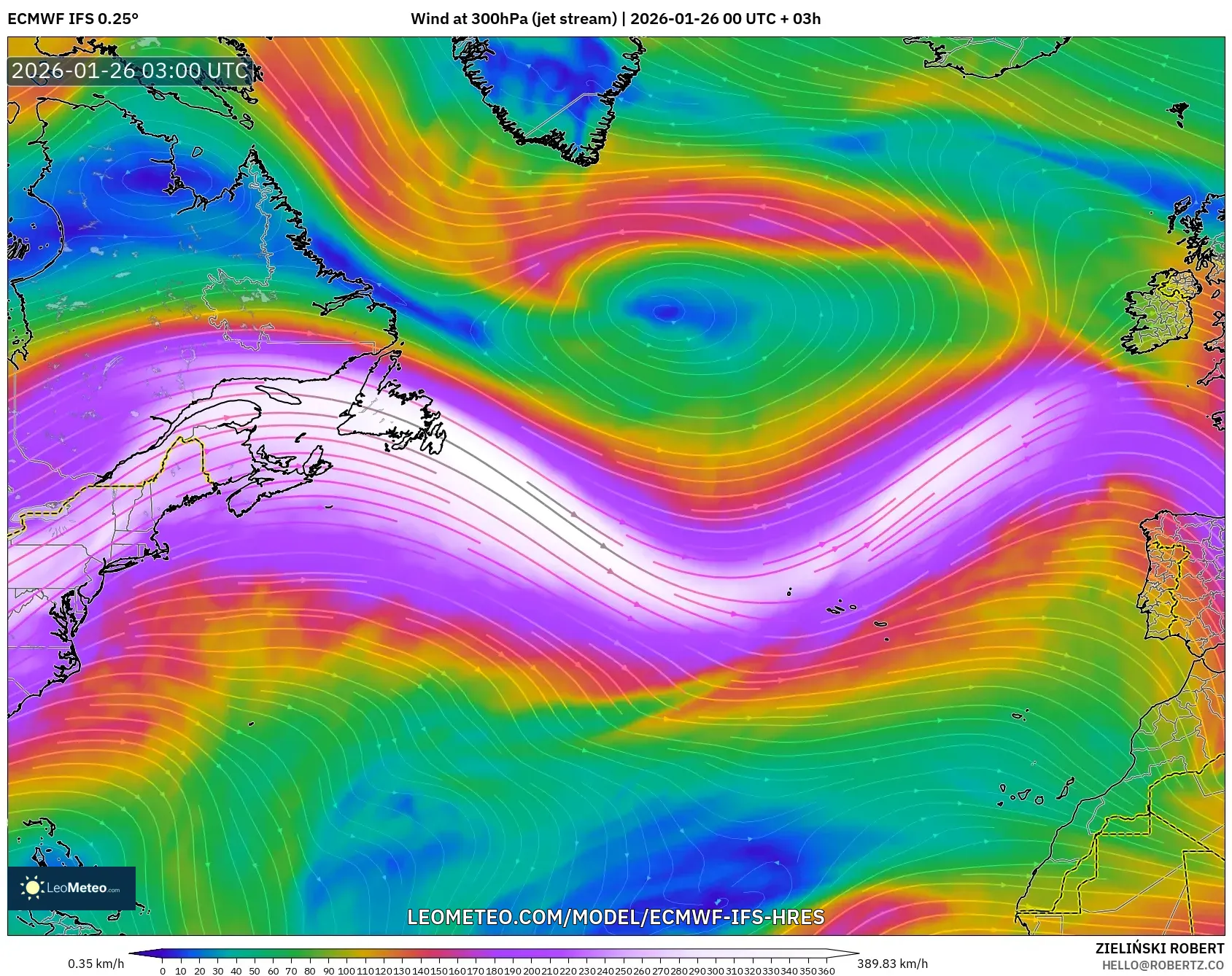 ECMWF IFS 0.25° model - Kuzey Atlantik, 300 hPa Rüzgârı (jet)