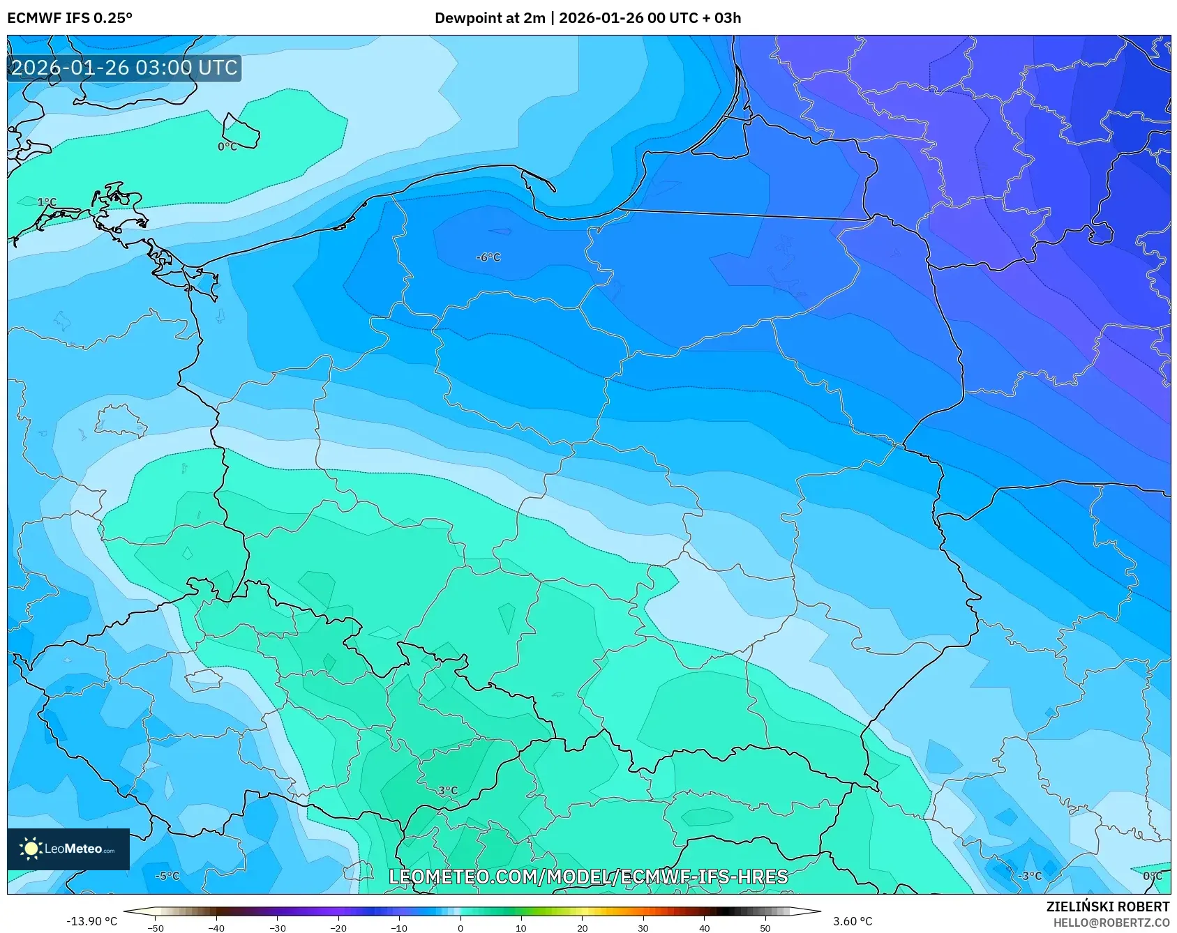 ECMWF IFS 0.25° model - Polonya, 2 m Çiy Noktası