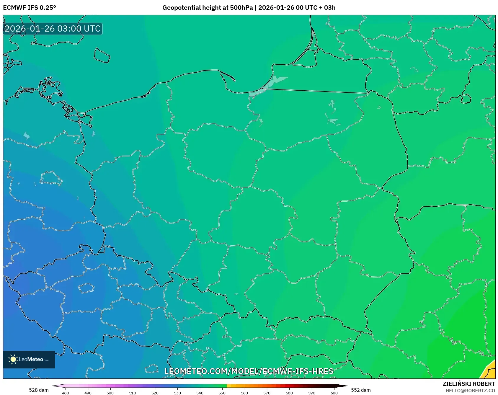 ECMWF IFS 0.25° model - Polonya, 500 hPa’da jeopotansiyel yükseklik