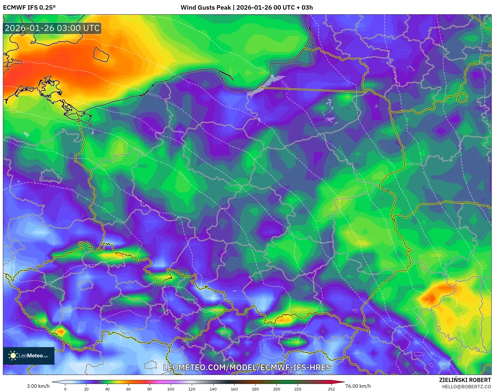 ECMWF IFS 0.25° model - Polonya, En Yüksek Rüzgâr