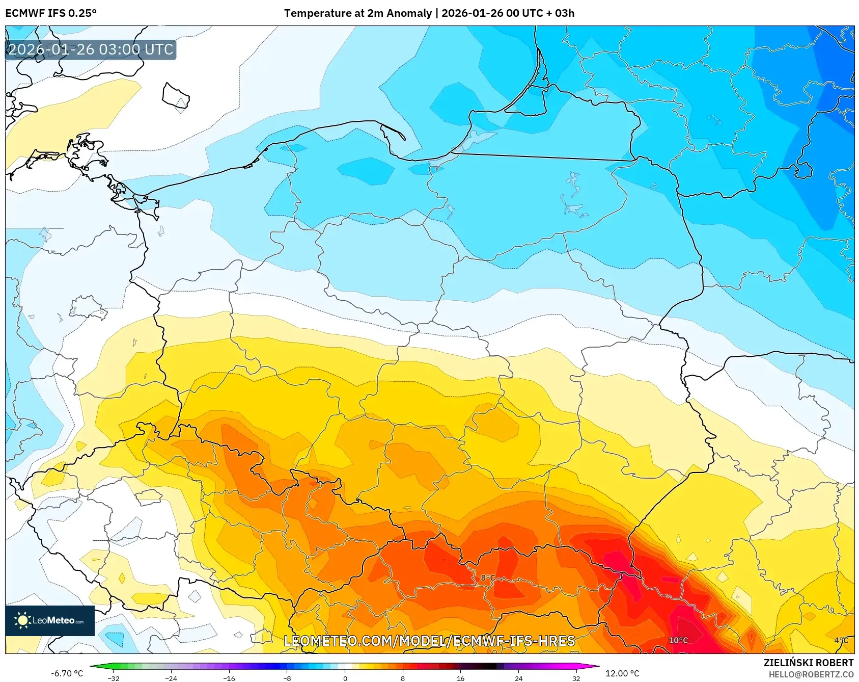 ECMWF IFS 0.25° model - Polonya, 2 m Sıcaklık Anomalisi