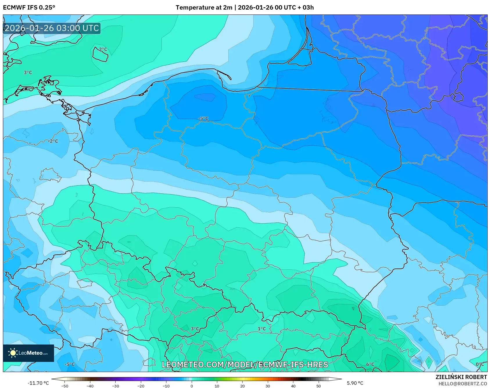 ECMWF IFS 0.25° model - Polonya, 2 m Sıcaklık