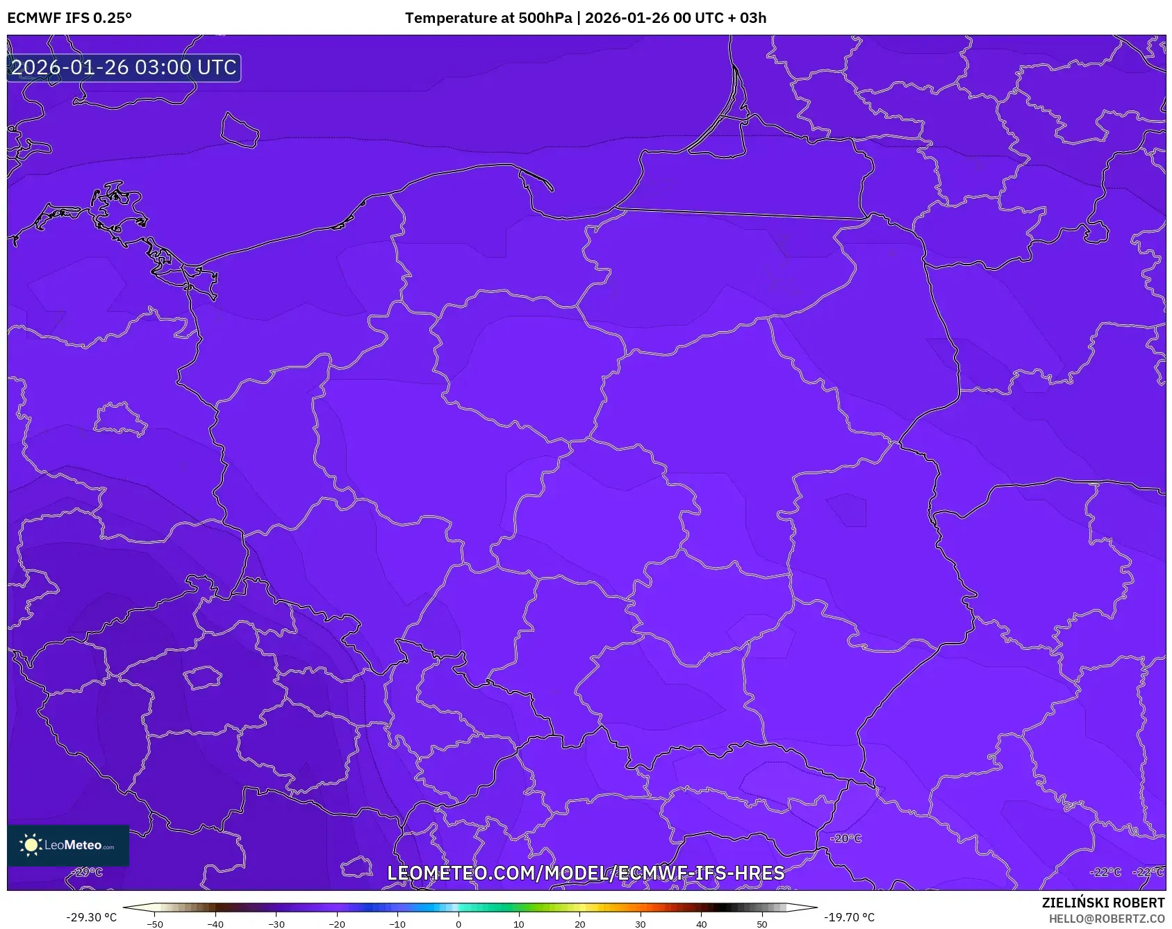 ECMWF IFS 0.25° model - Polonya, 500 hPa Sıcaklık