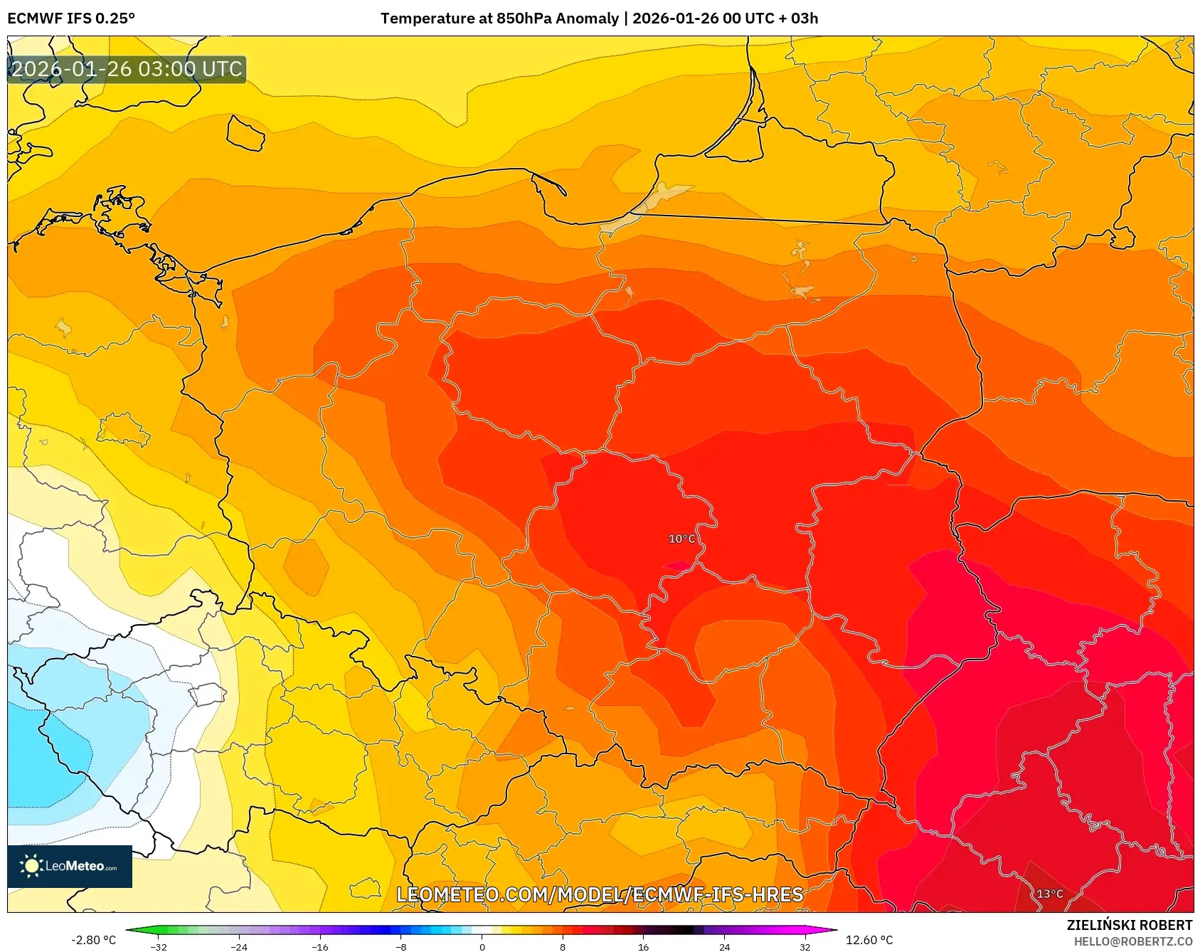ECMWF IFS 0.25° model - Polonya, 850 hPa Sıcaklık Anomalisi