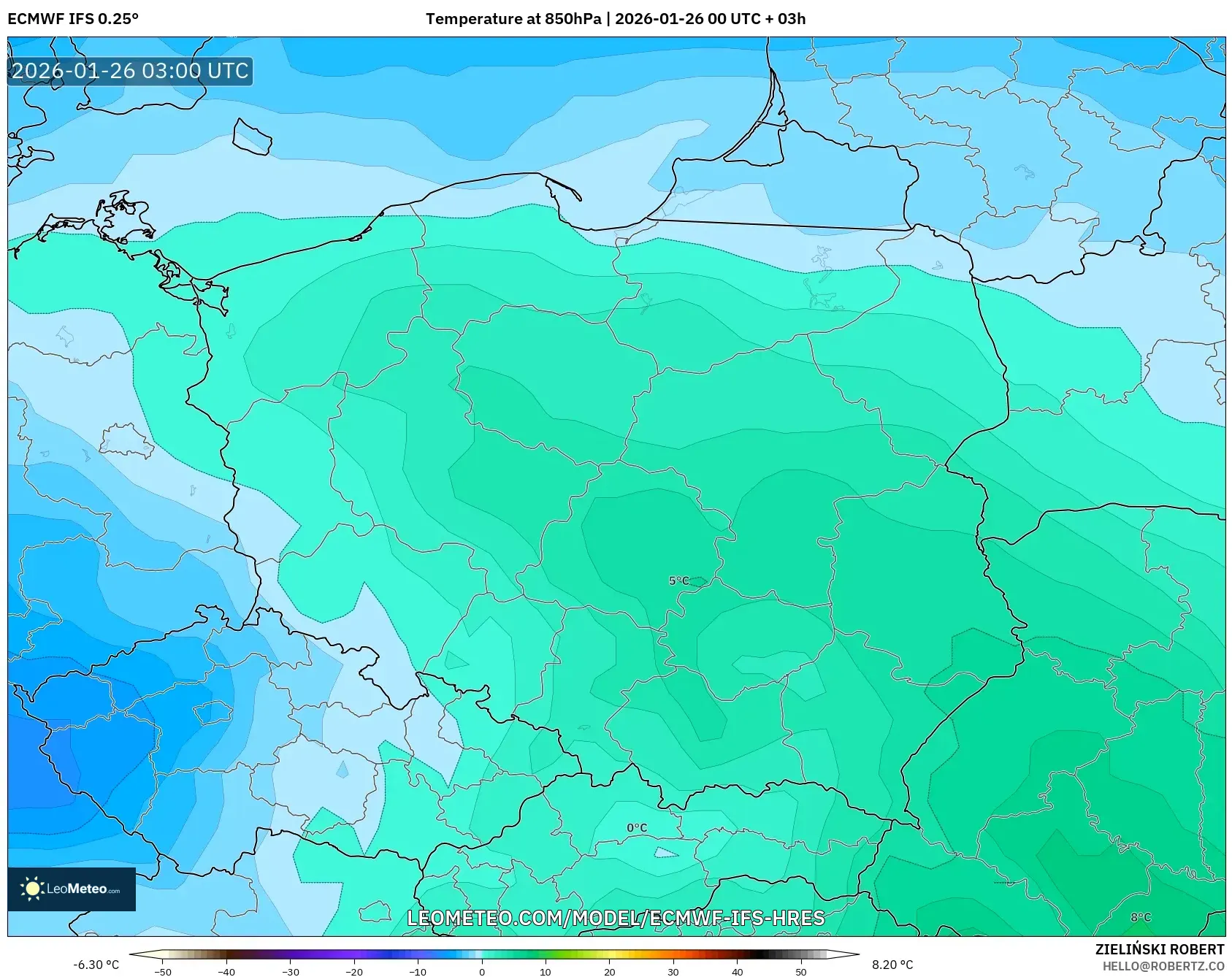 ECMWF IFS 0.25° model - Polonya, 850 hPa Sıcaklık