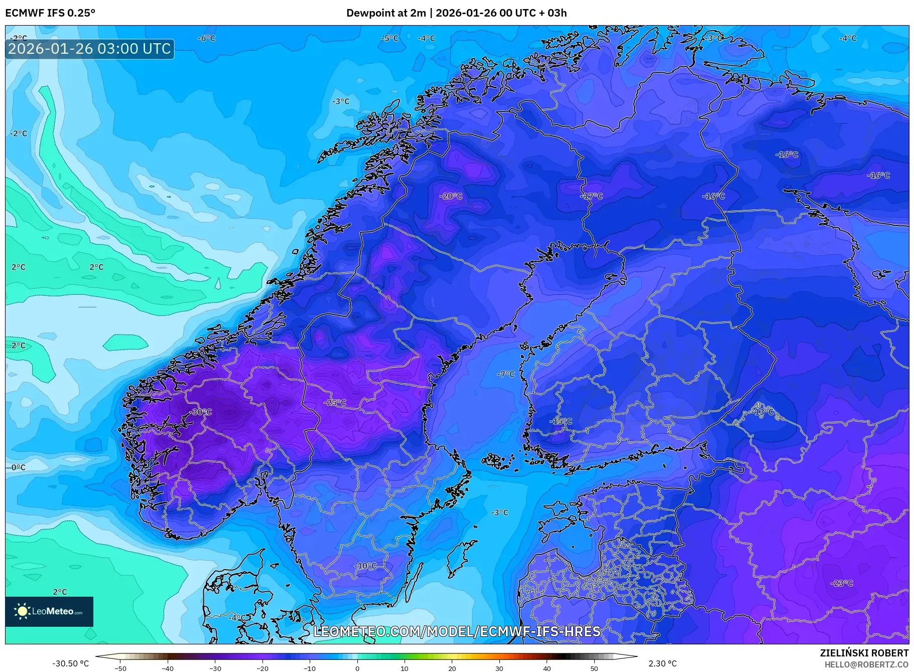 ECMWF IFS 0.25° model - İskandinavya, 2 m Çiy Noktası