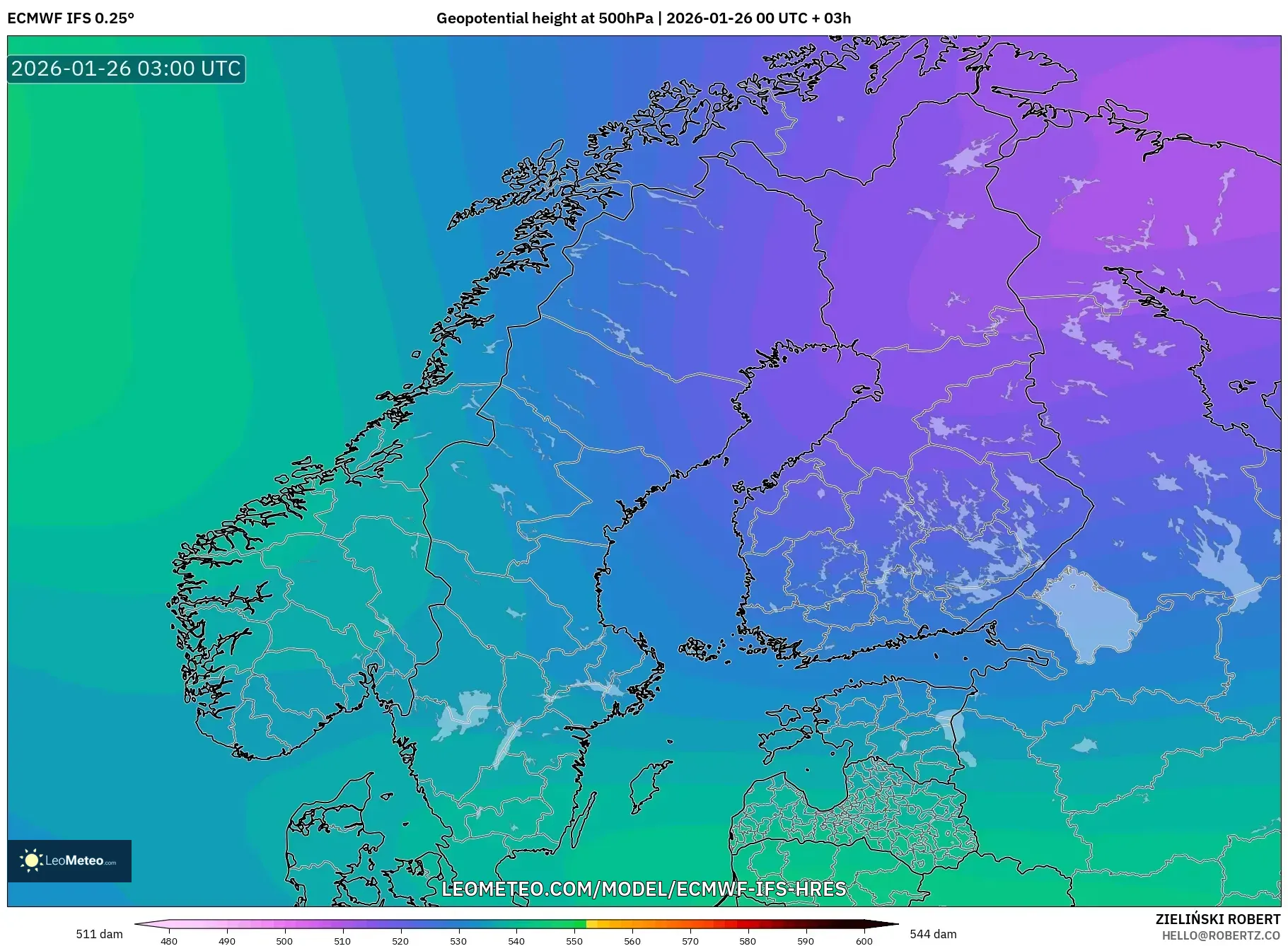 ECMWF IFS 0.25° model - İskandinavya, 500 hPa’da jeopotansiyel yükseklik