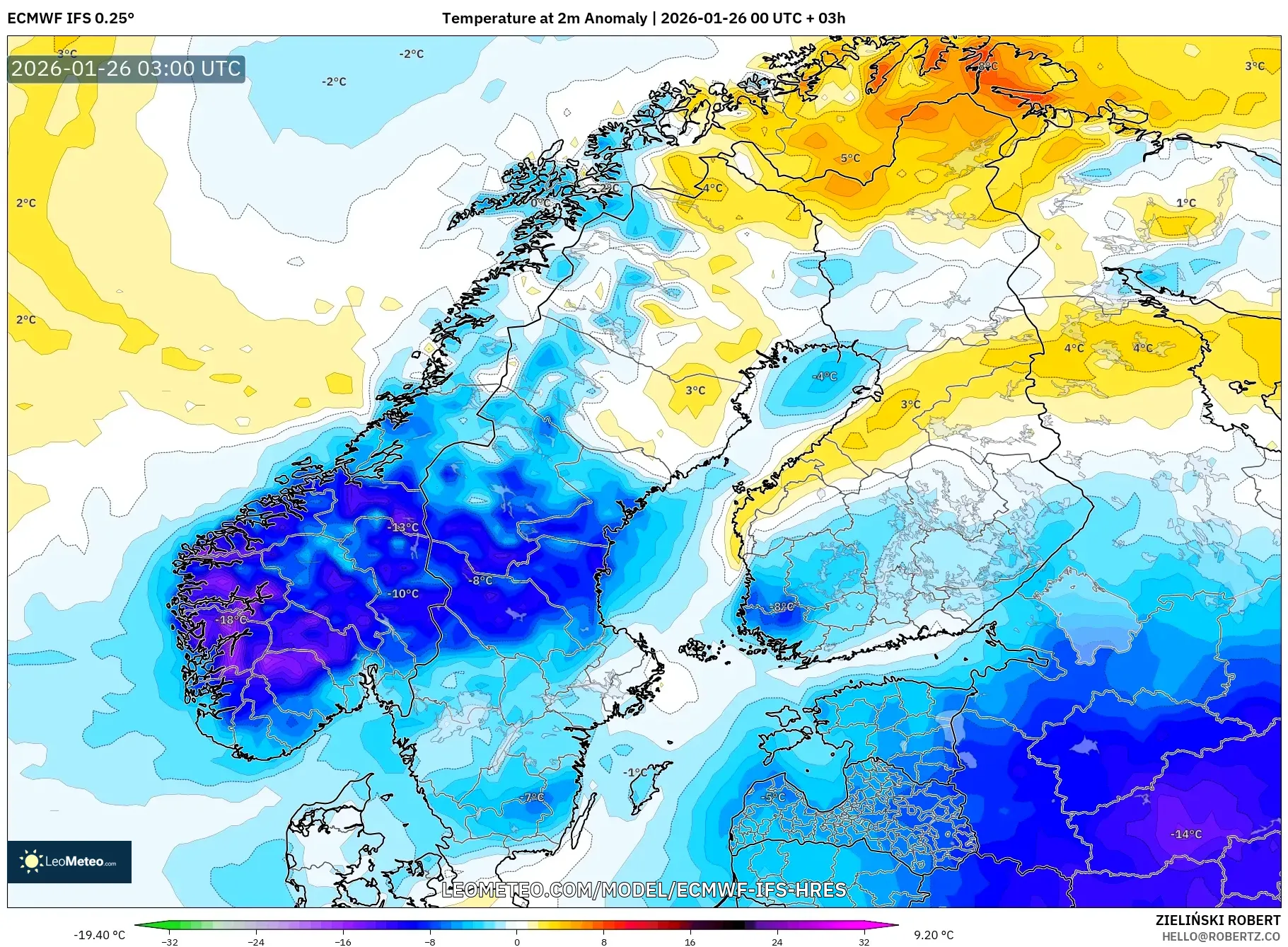 ECMWF IFS 0.25° model - İskandinavya, 2 m Sıcaklık Anomalisi
