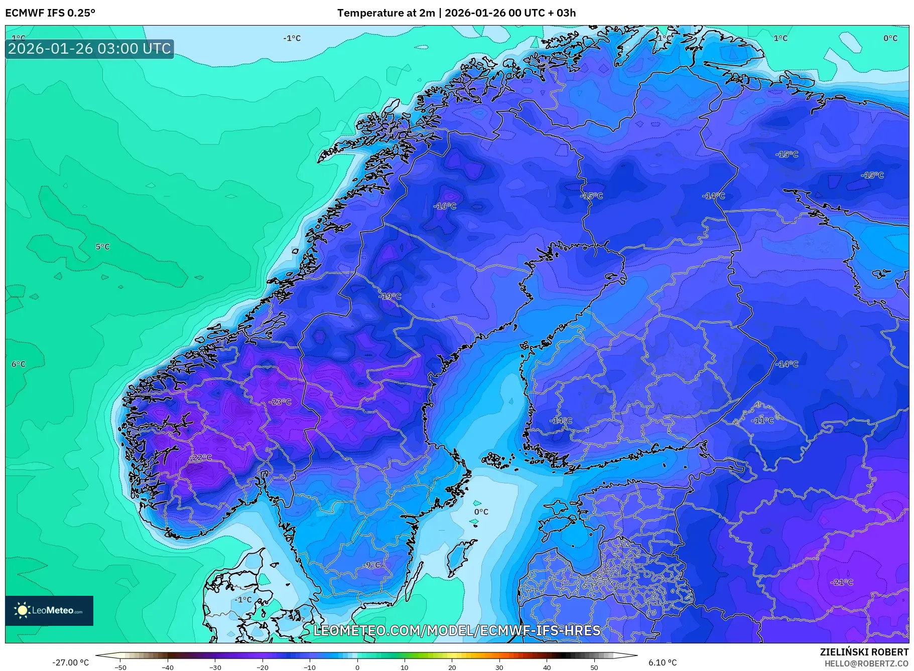ECMWF IFS 0.25° model - İskandinavya, 2 m Sıcaklık