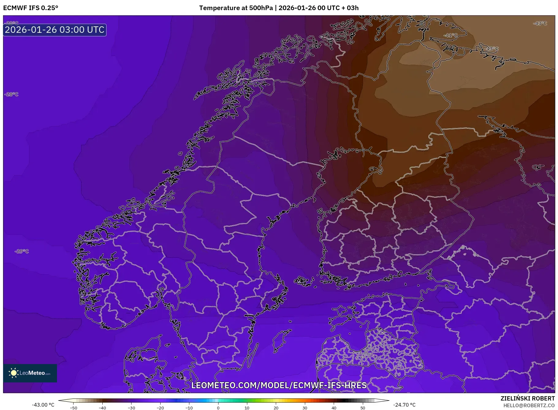 ECMWF IFS 0.25° model - İskandinavya, 500 hPa Sıcaklık