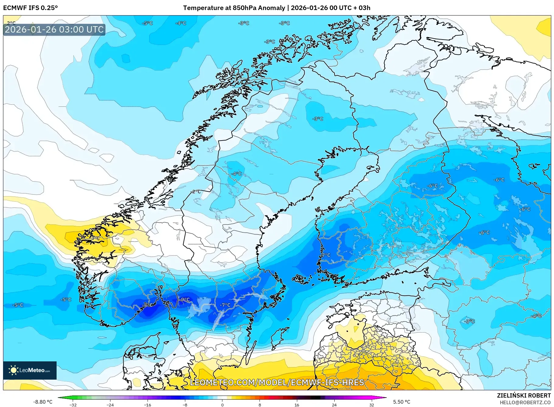 ECMWF IFS 0.25° model - İskandinavya, 850 hPa Sıcaklık Anomalisi