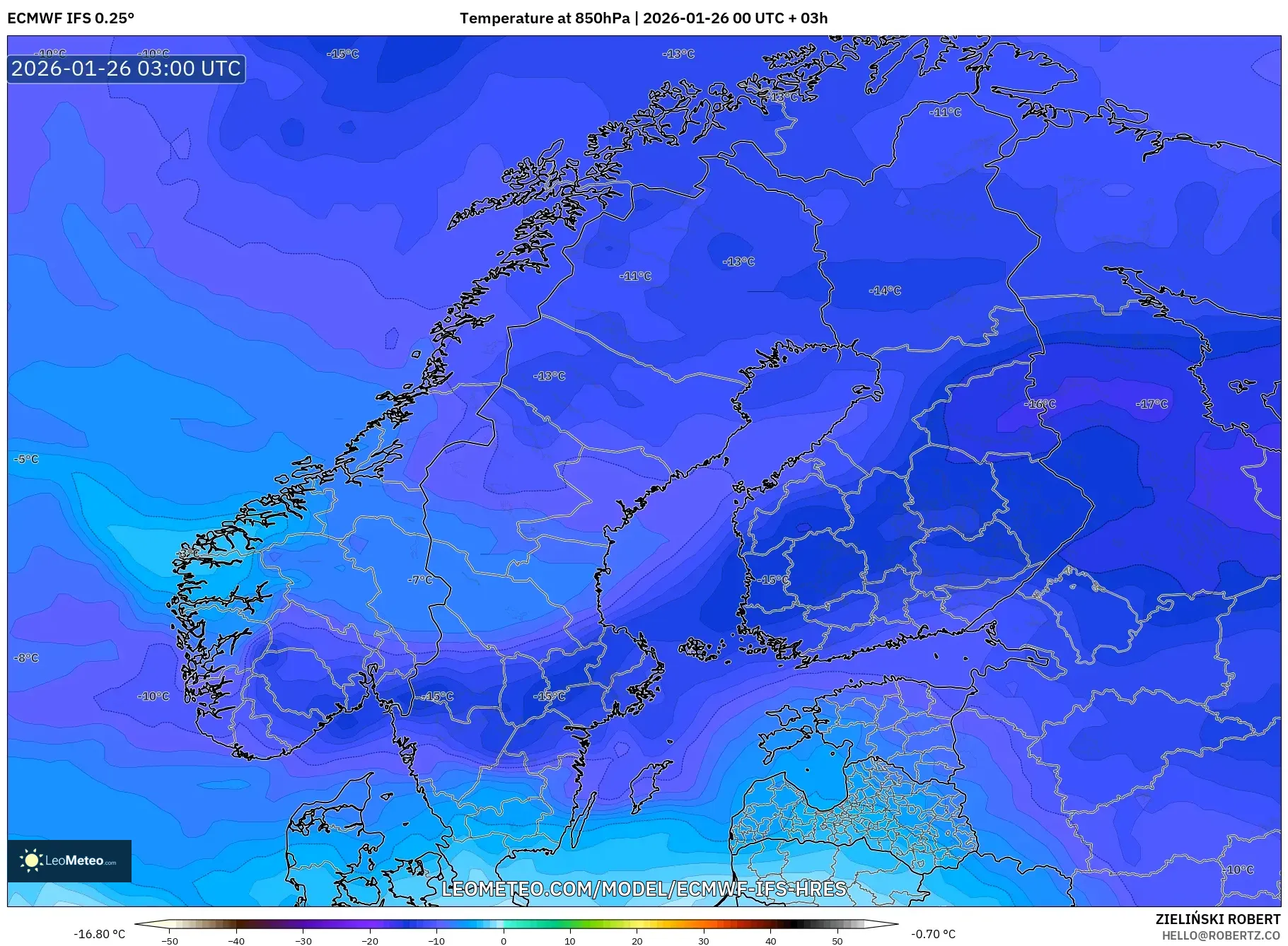 ECMWF IFS 0.25° model - İskandinavya, 850 hPa Sıcaklık