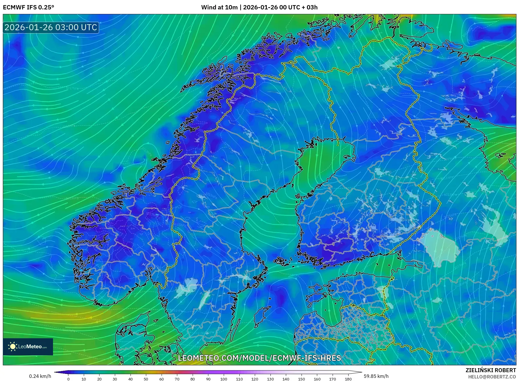 ECMWF IFS 0.25° model - İskandinavya, 10 m Rüzgâr