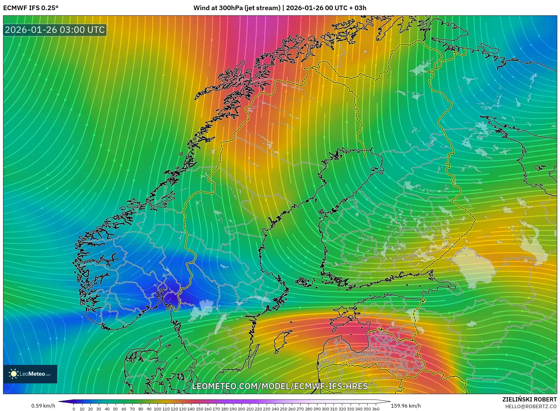 ECMWF IFS 0.25° model - İskandinavya, 300 hPa Rüzgârı (jet)