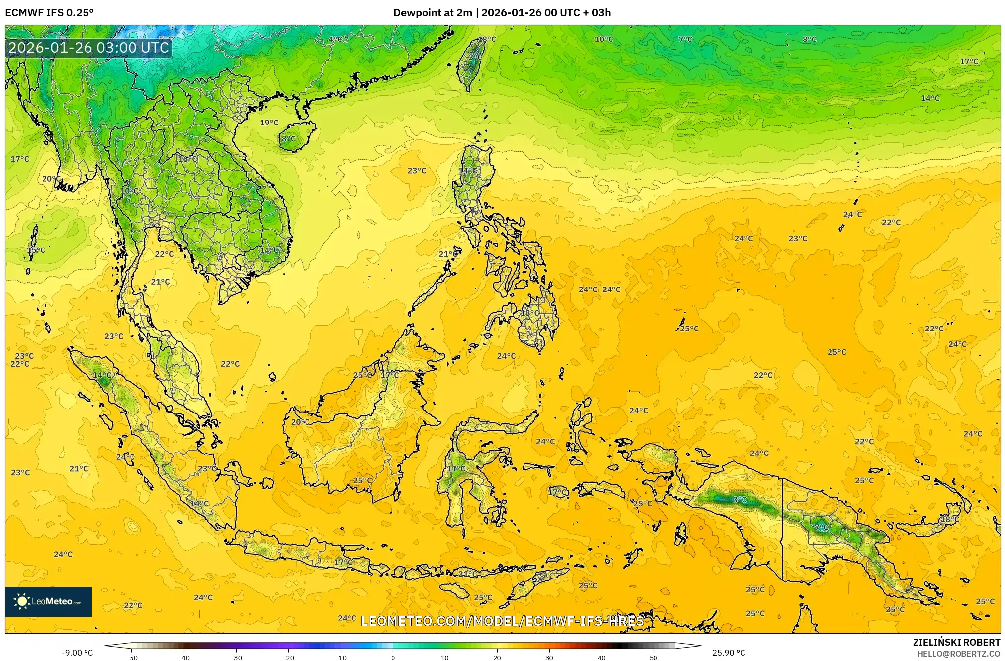 ECMWF IFS 0.25° model - Güneydoğu Asya, 2 m Çiy Noktası