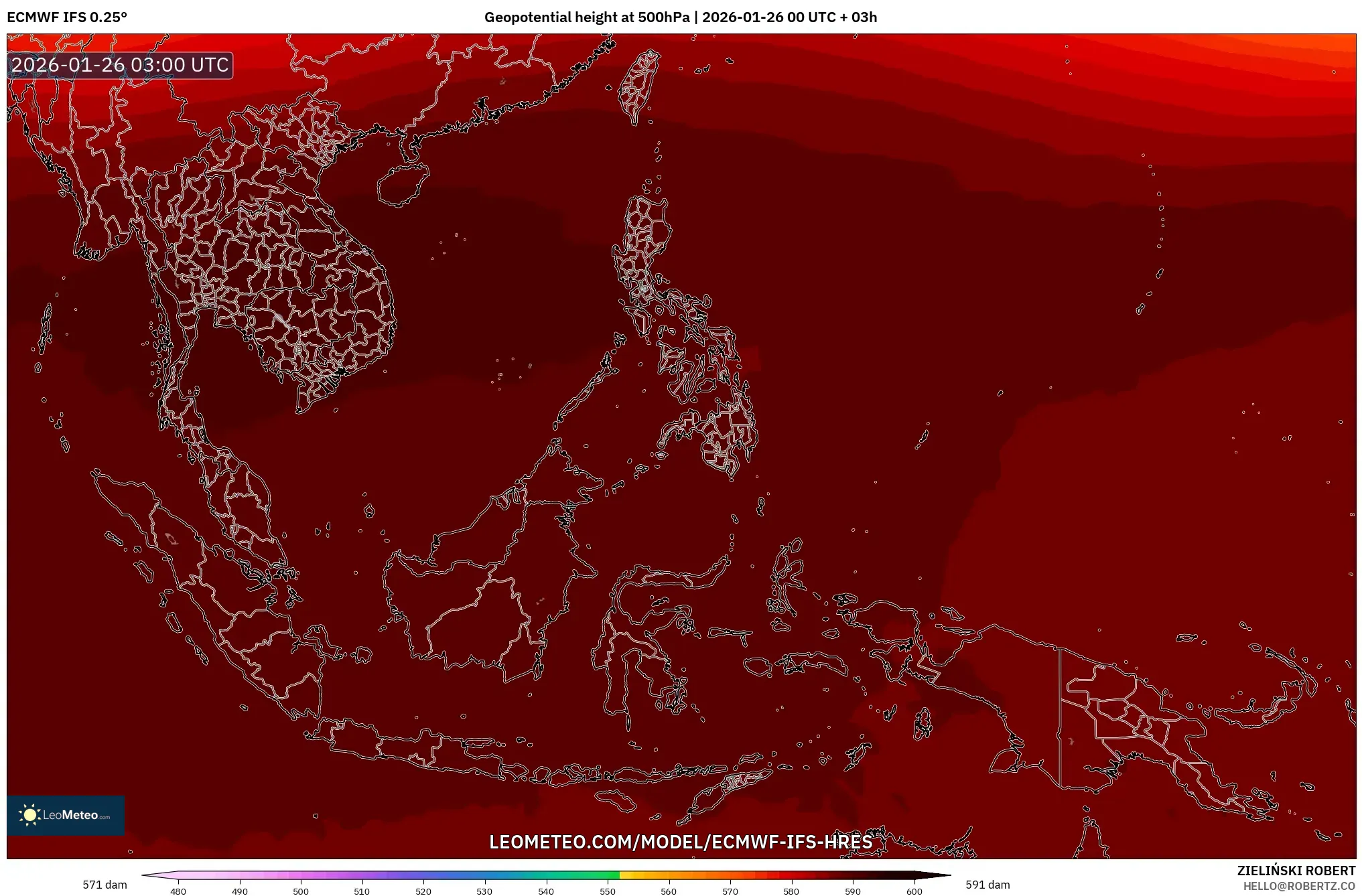 ECMWF IFS 0.25° model - Güneydoğu Asya, 500 hPa’da jeopotansiyel yükseklik