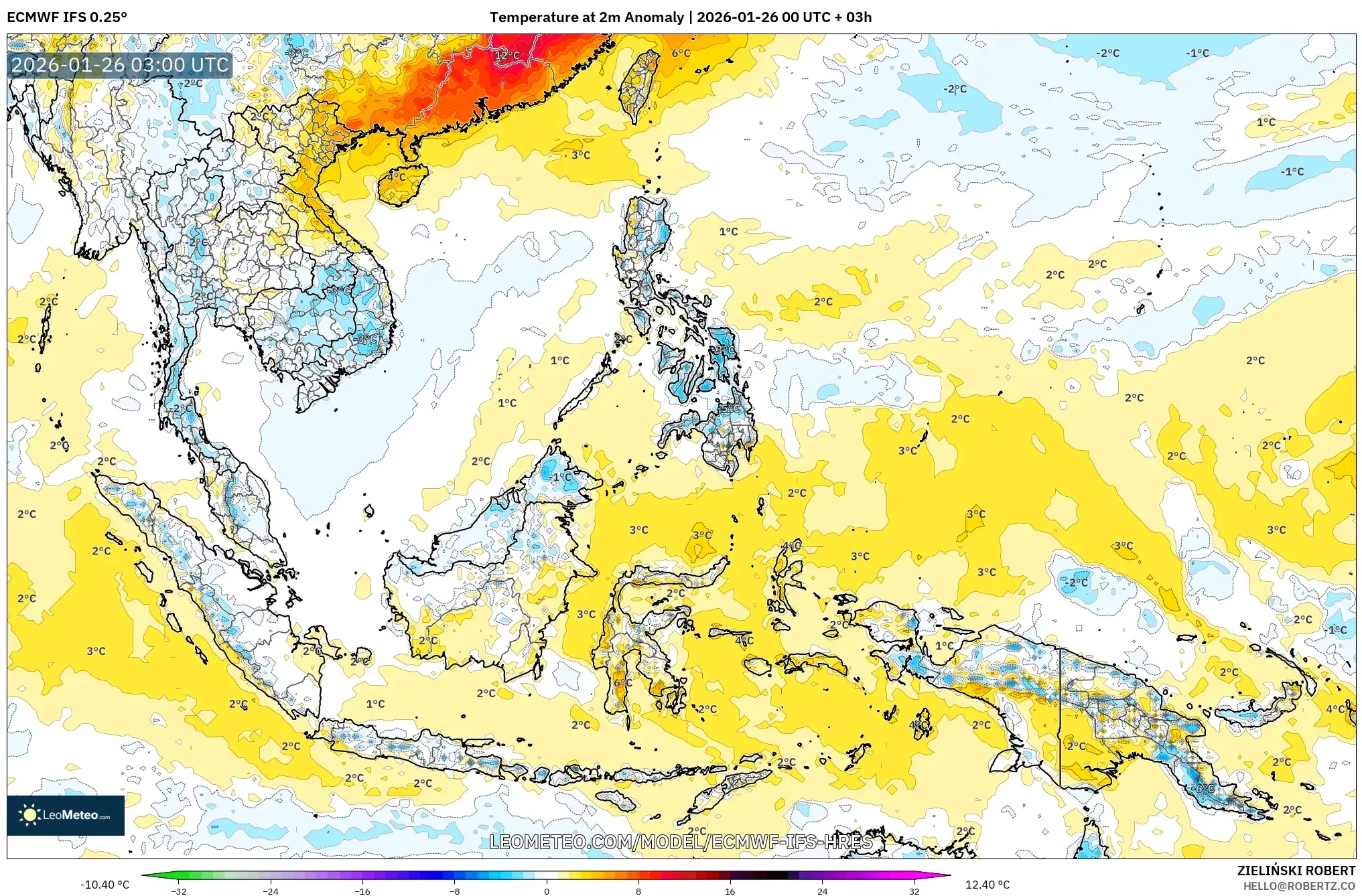 ECMWF IFS 0.25° model - Güneydoğu Asya, 2 m Sıcaklık Anomalisi