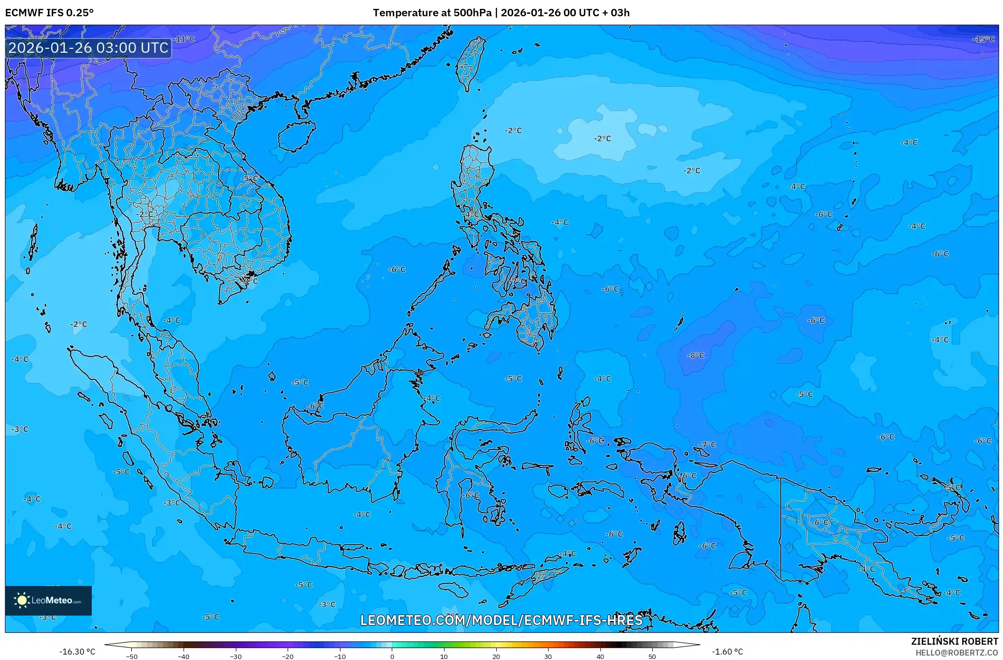 ECMWF IFS 0.25° model - Güneydoğu Asya, 500 hPa Sıcaklık