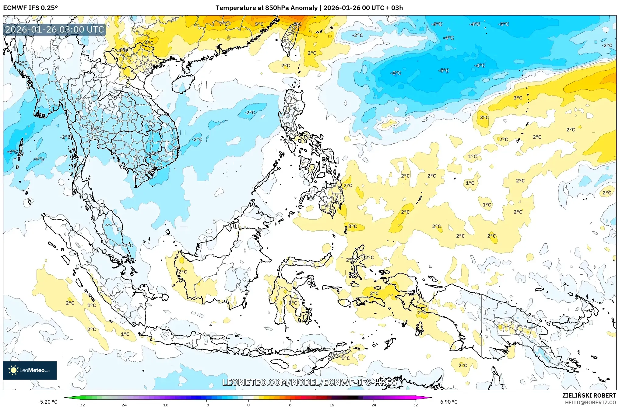 ECMWF IFS 0.25° model - Güneydoğu Asya, 850 hPa Sıcaklık Anomalisi