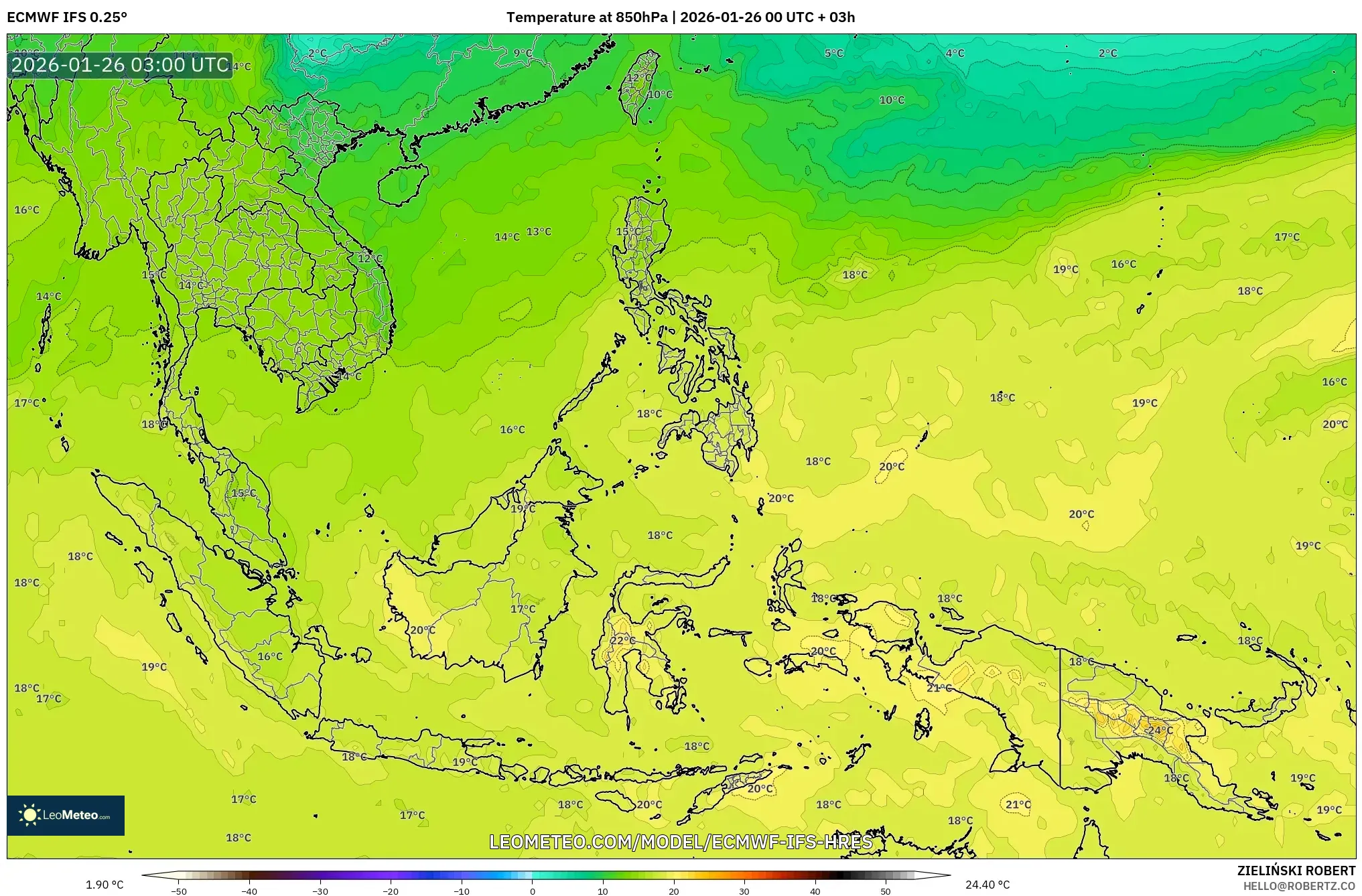 ECMWF IFS 0.25° model - Güneydoğu Asya, 850 hPa Sıcaklık