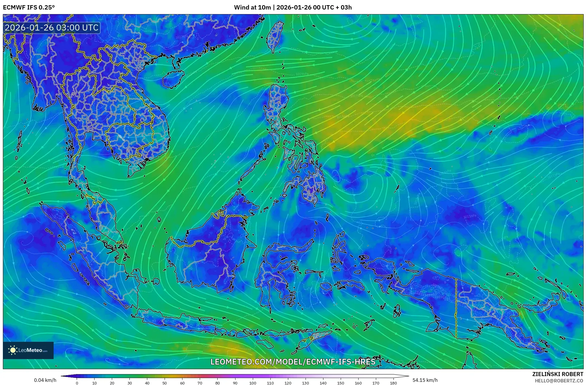 ECMWF IFS 0.25° model - Güneydoğu Asya, 10 m Rüzgâr