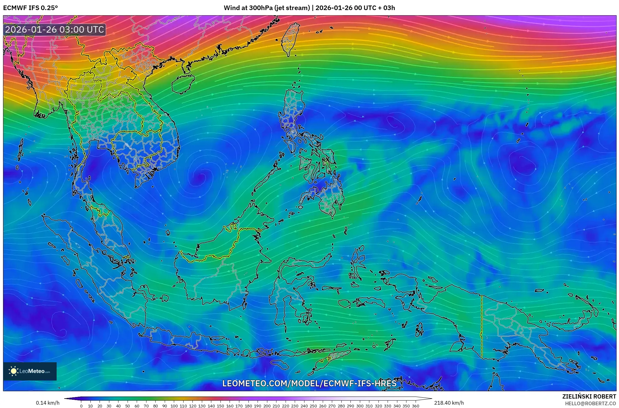 ECMWF IFS 0.25° model - Güneydoğu Asya, 300 hPa Rüzgârı (jet)