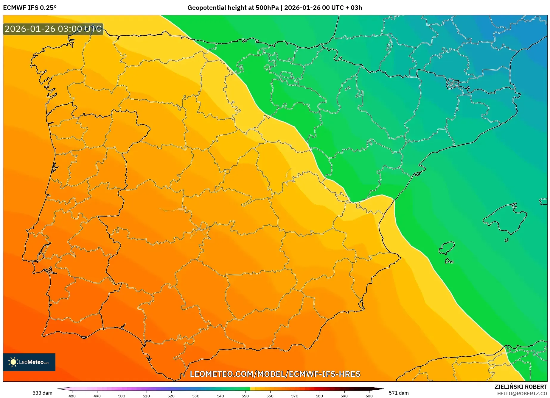 ECMWF IFS 0.25° model - İspanya, 500 hPa’da jeopotansiyel yükseklik