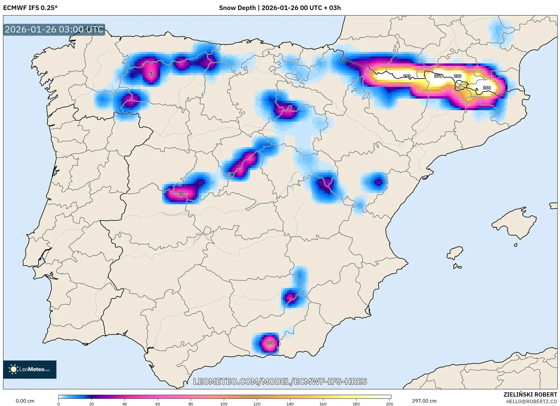 ECMWF IFS 0.25° model - İspanya, Kar Kalınlığı