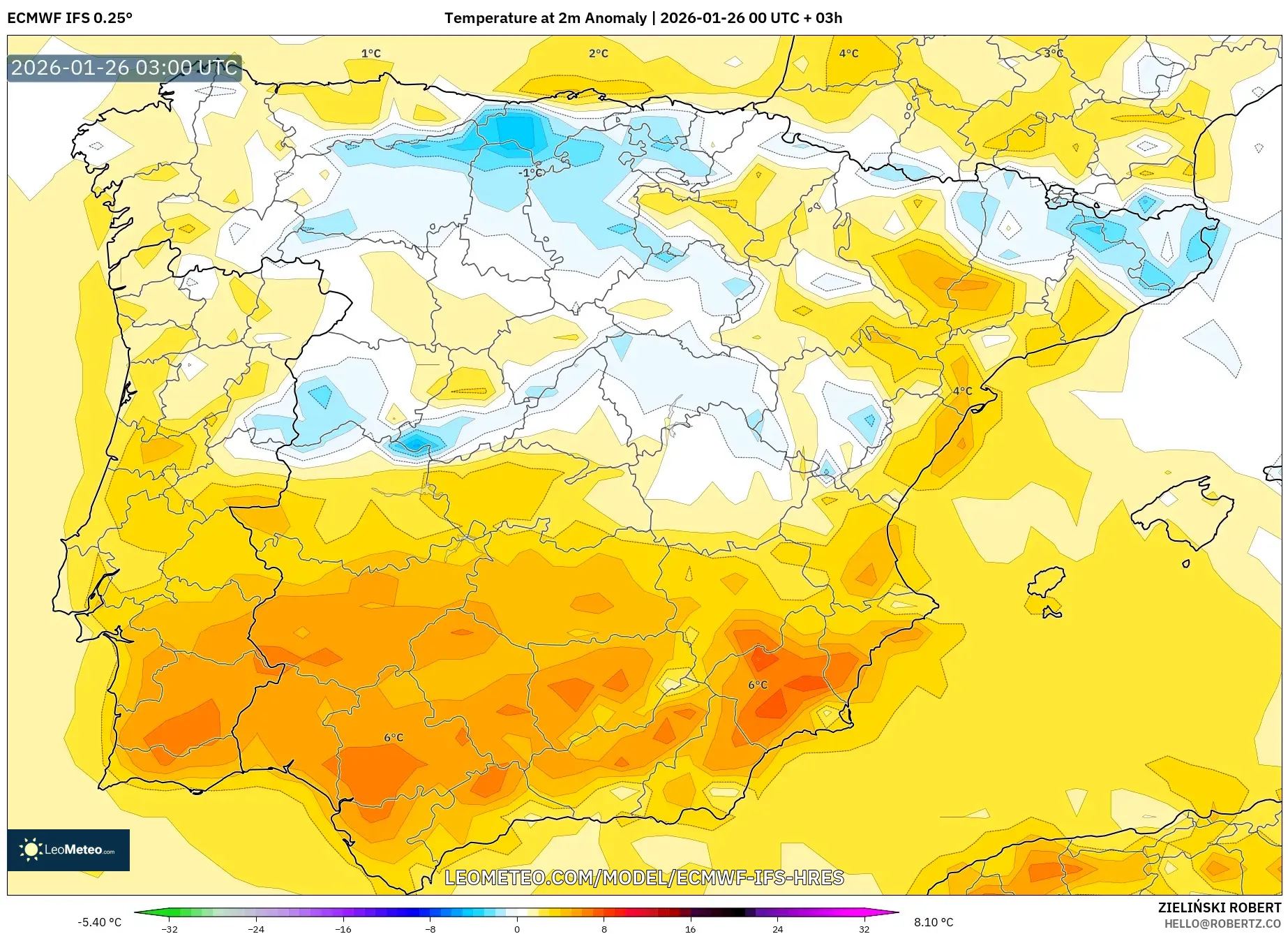 ECMWF IFS 0.25° model - İspanya, 2 m Sıcaklık Anomalisi