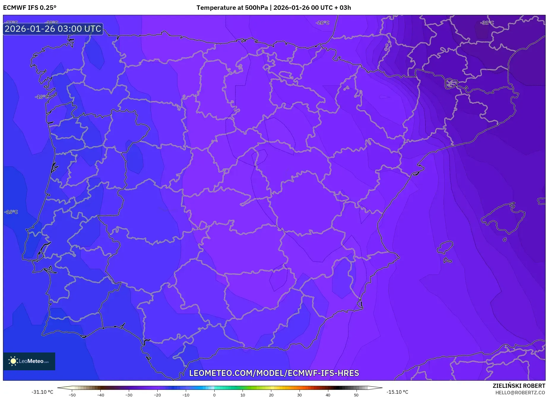 ECMWF IFS 0.25° model - İspanya, 500 hPa Sıcaklık