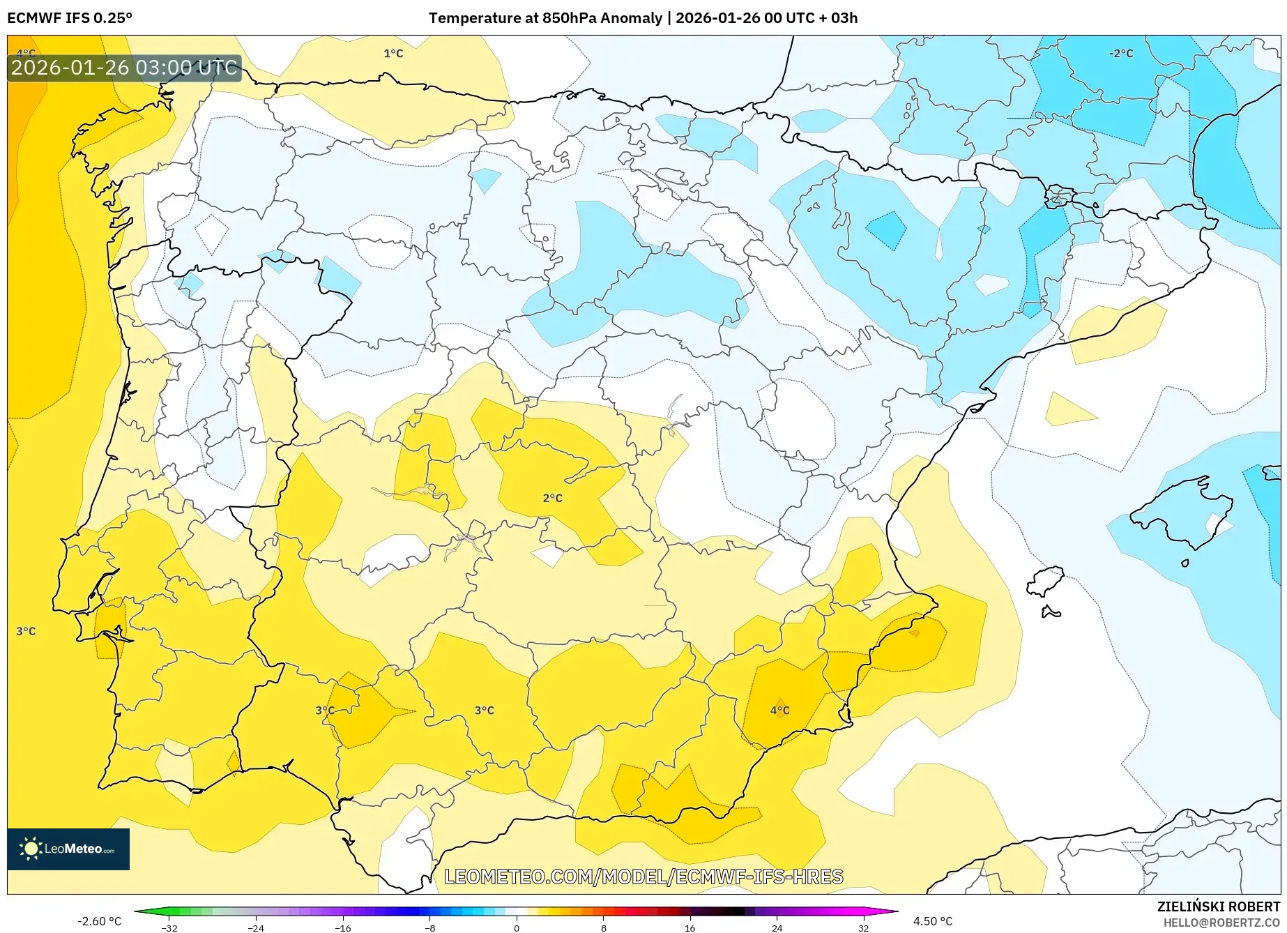 ECMWF IFS 0.25° model - İspanya, 850 hPa Sıcaklık Anomalisi