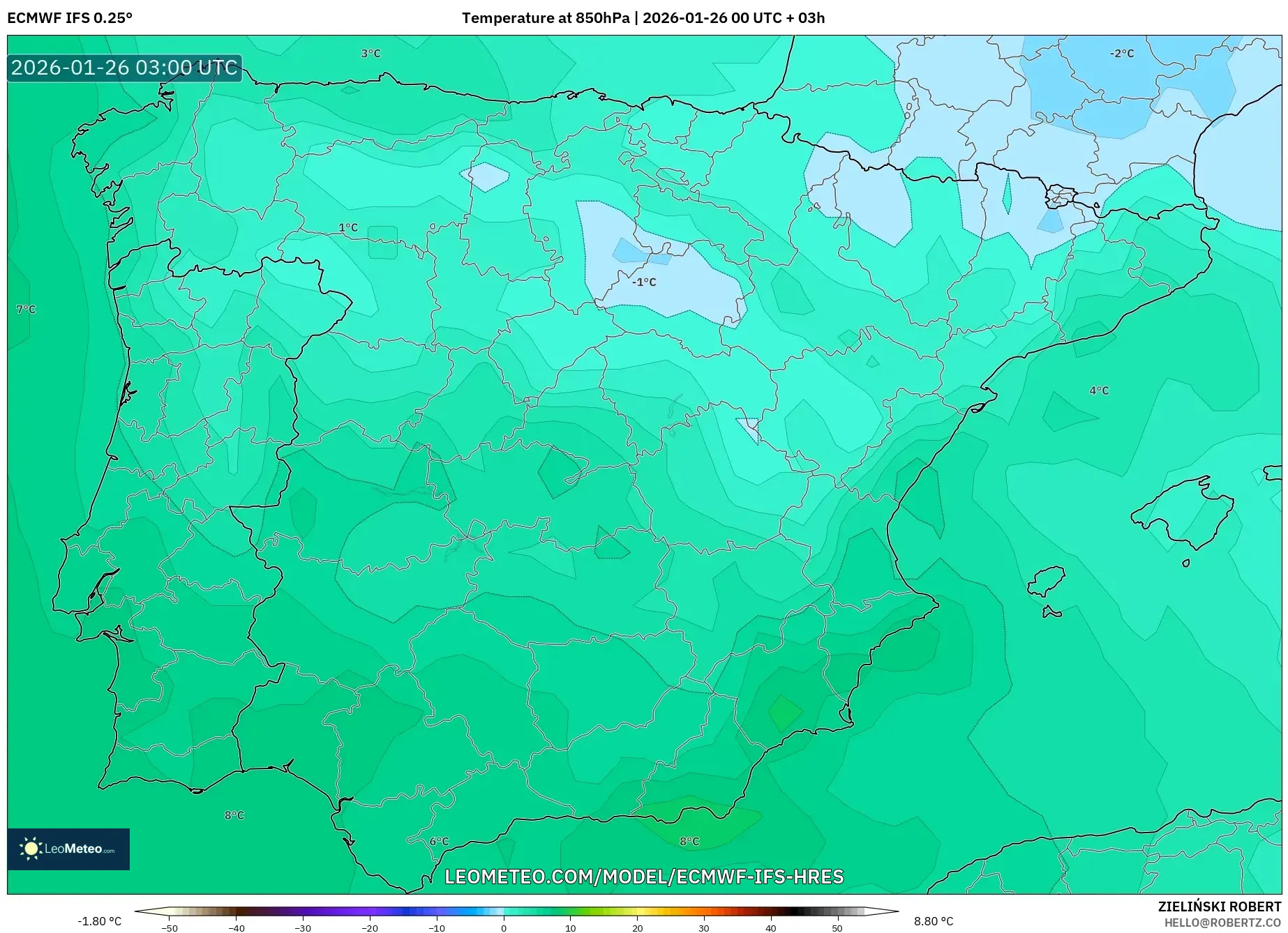 ECMWF IFS 0.25° model - İspanya, 850 hPa Sıcaklık