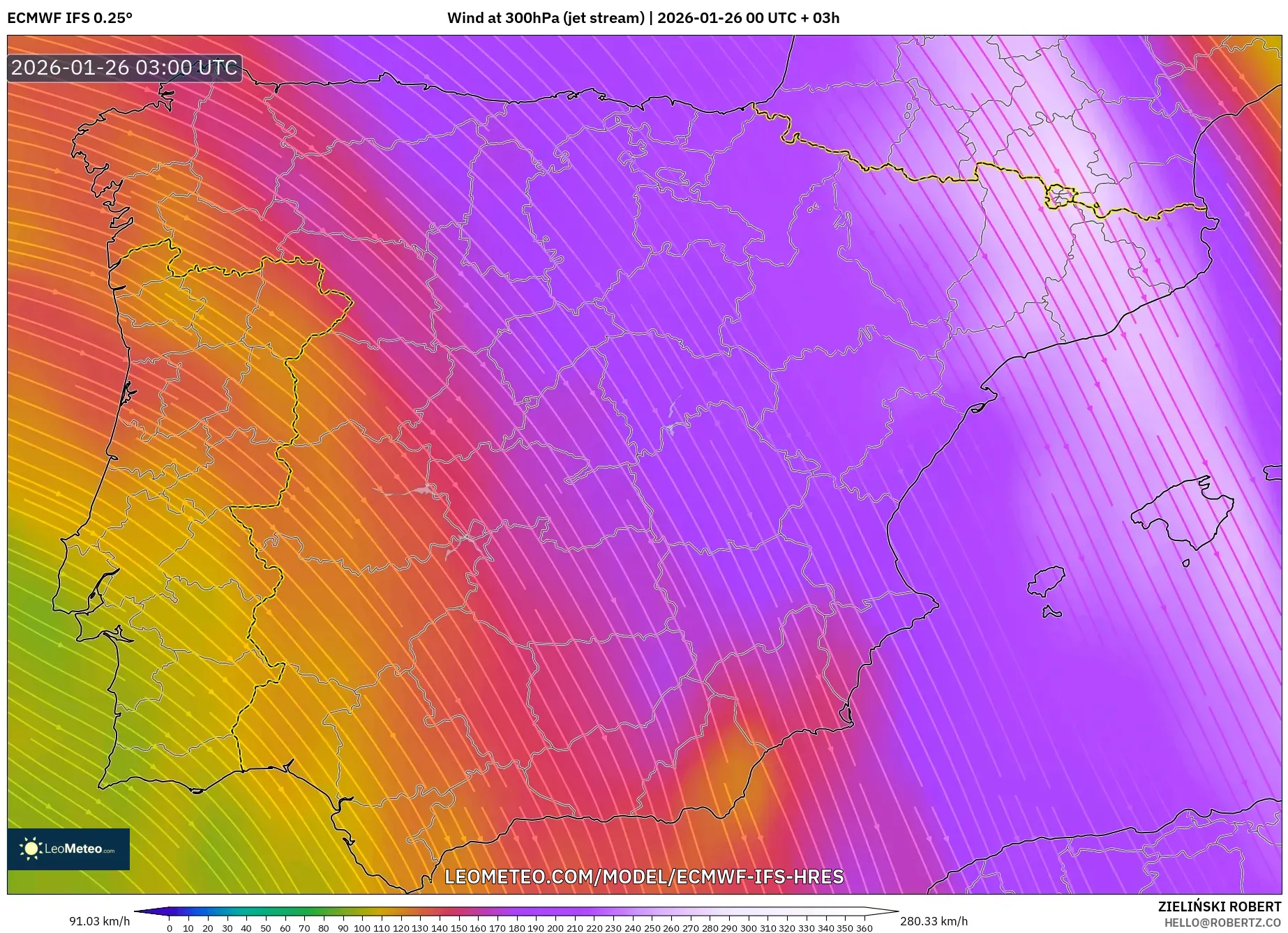 ECMWF IFS 0.25° model - İspanya, 300 hPa Rüzgârı (jet)