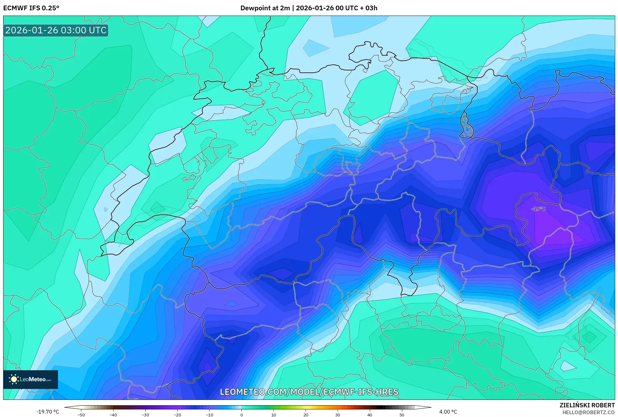 ECMWF IFS 0.25° model - İsviçre, 2 m Çiy Noktası